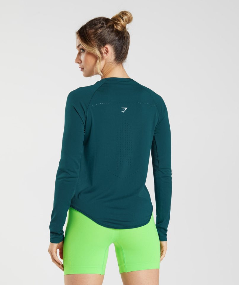 Koszulki Gymshark Sweat Seamless Long Sleeve Top Damskie Turkusowe | PL 103AEC